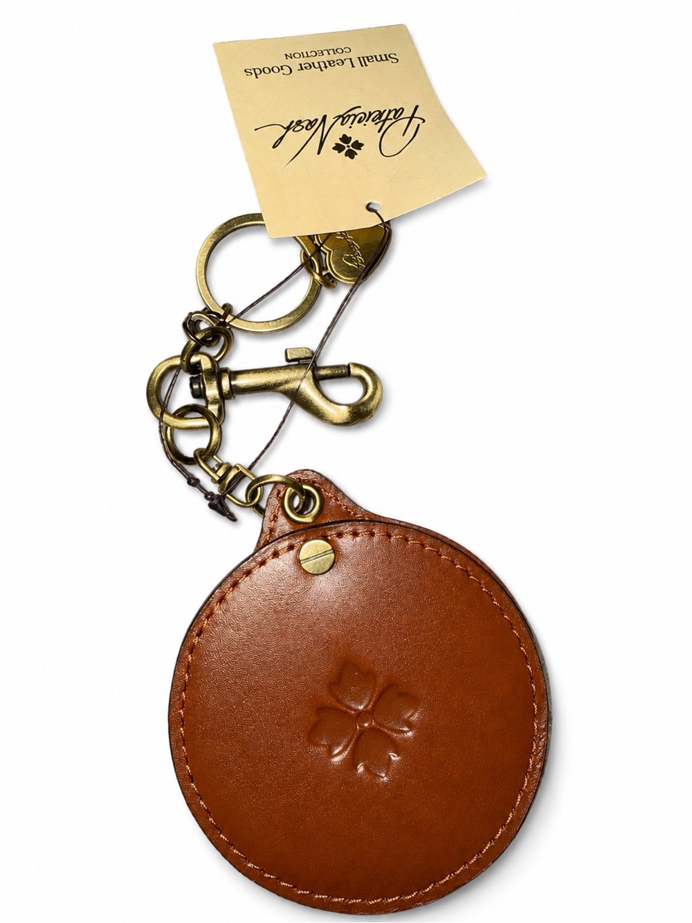 Patricia Nash Leather Round Keychain/ bag charm with mirror Brass Hardware, nwt
